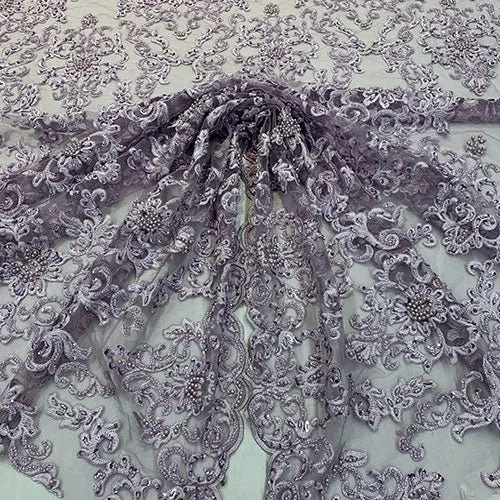 Deluxe Heavy Embroidered Glass Beaded Mesh Lace Fabric For Wedding, Gowns