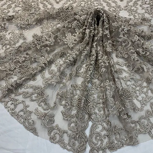 Deluxe Heavy Embroidered Glass Beaded Mesh Lace Fabric For Wedding, Gowns