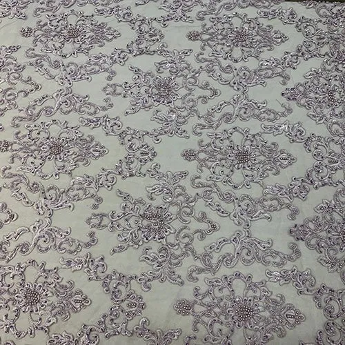 Deluxe Heavy Embroidered Glass Beaded Mesh Lace Fabric For Wedding, Gowns