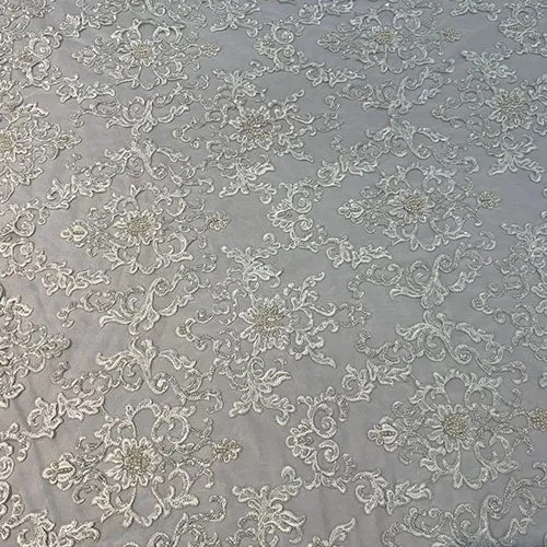 Deluxe Heavy Embroidered Glass Beaded Mesh Lace Fabric For Wedding, Gowns