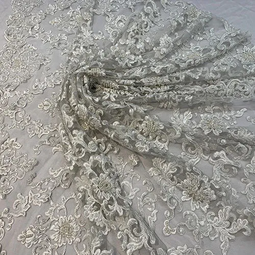 Deluxe Heavy Embroidered Glass Beaded Mesh Lace Fabric For Wedding, Gowns