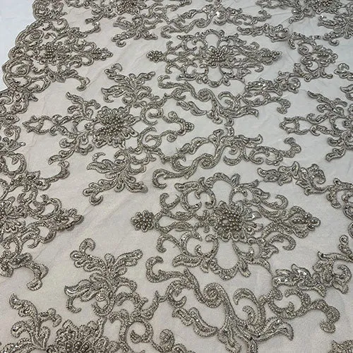 Deluxe Heavy Embroidered Glass Beaded Mesh Lace Fabric For Wedding, Gowns