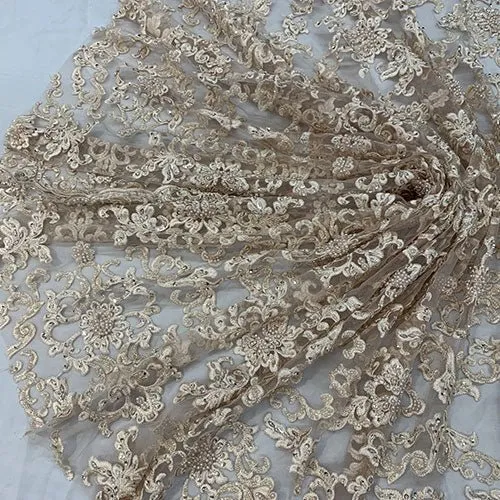 Deluxe Heavy Embroidered Glass Beaded Mesh Lace Fabric For Wedding, Gowns