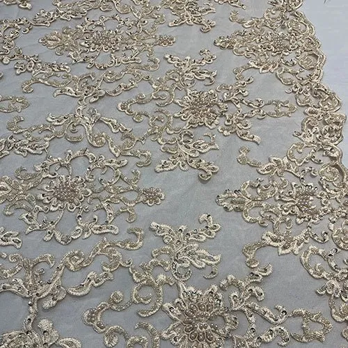 Deluxe Heavy Embroidered Glass Beaded Mesh Lace Fabric For Wedding, Gowns