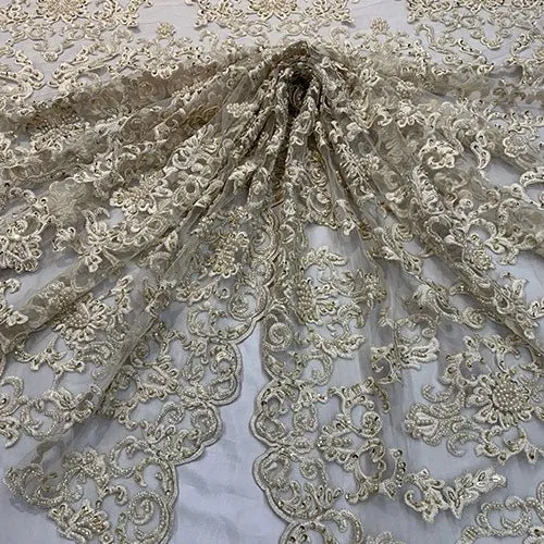 Deluxe Heavy Embroidered Glass Beaded Mesh Lace Fabric For Wedding, Gowns