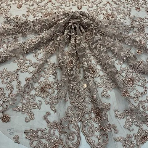 Deluxe Heavy Embroidered Glass Beaded Mesh Lace Fabric For Wedding, Gowns