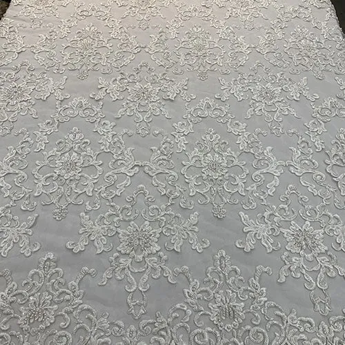 Deluxe Heavy Embroidered Glass Beaded Mesh Lace Fabric For Wedding, Gowns