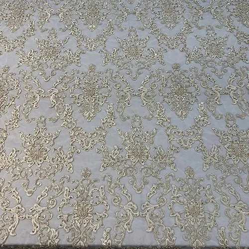 Deluxe Heavy Embroidered Glass Beaded Mesh Lace Fabric For Wedding, Gowns