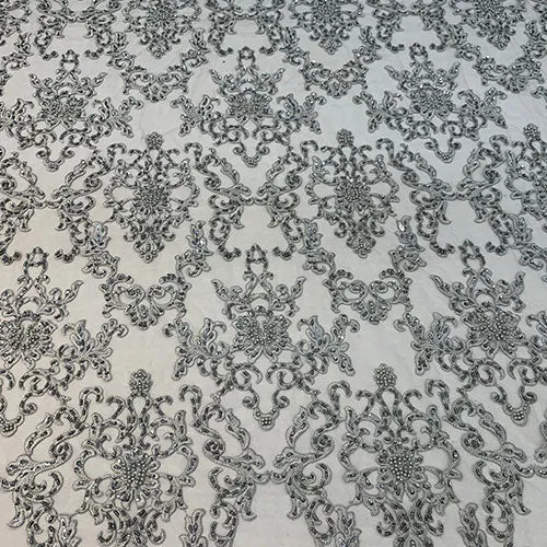 Deluxe Heavy Embroidered Glass Beaded Mesh Lace Fabric For Wedding, Gowns