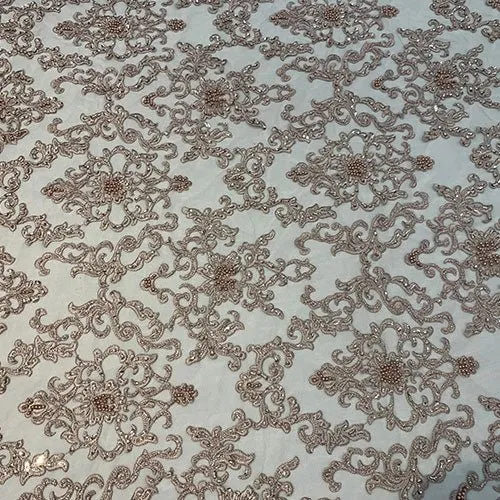 Deluxe Heavy Embroidered Glass Beaded Mesh Lace Fabric For Wedding, Gowns