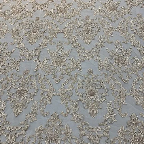 Deluxe Heavy Embroidered Glass Beaded Mesh Lace Fabric For Wedding, Gowns