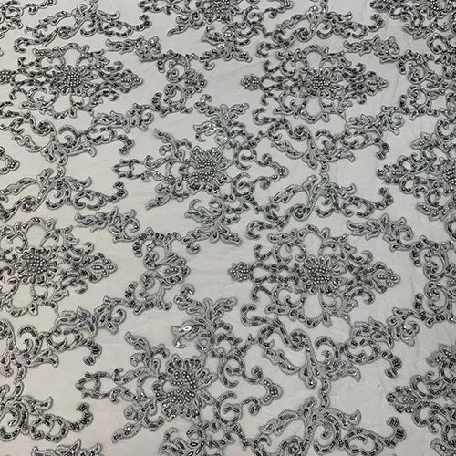 Deluxe Heavy Embroidered Glass Beaded Mesh Lace Fabric For Wedding, Gowns