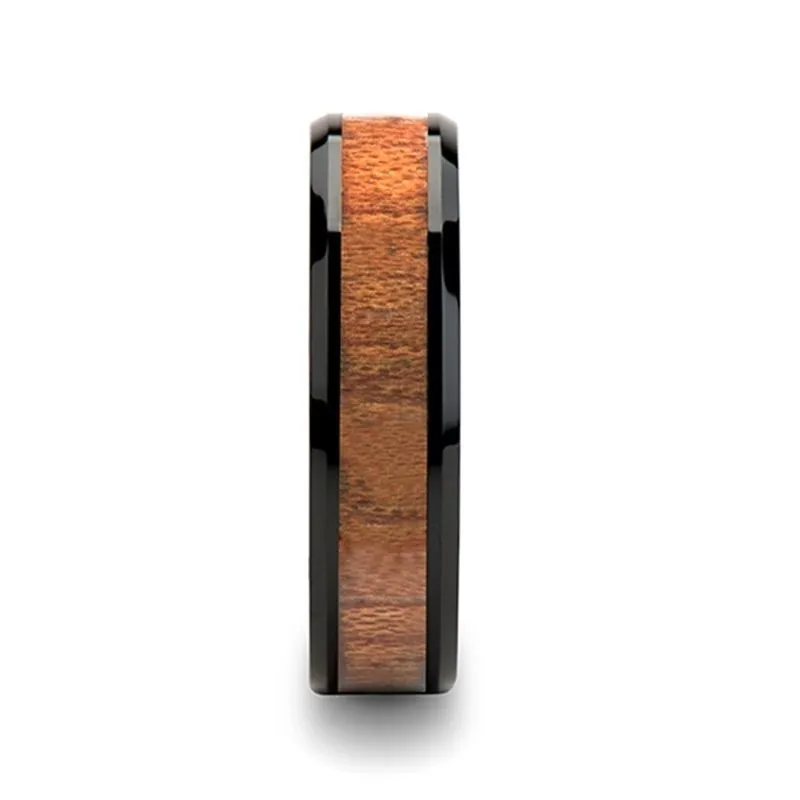 DENALI | Black Ceramic Ring, Rose Wood Inlay, Beveled, 10mm, 12mm