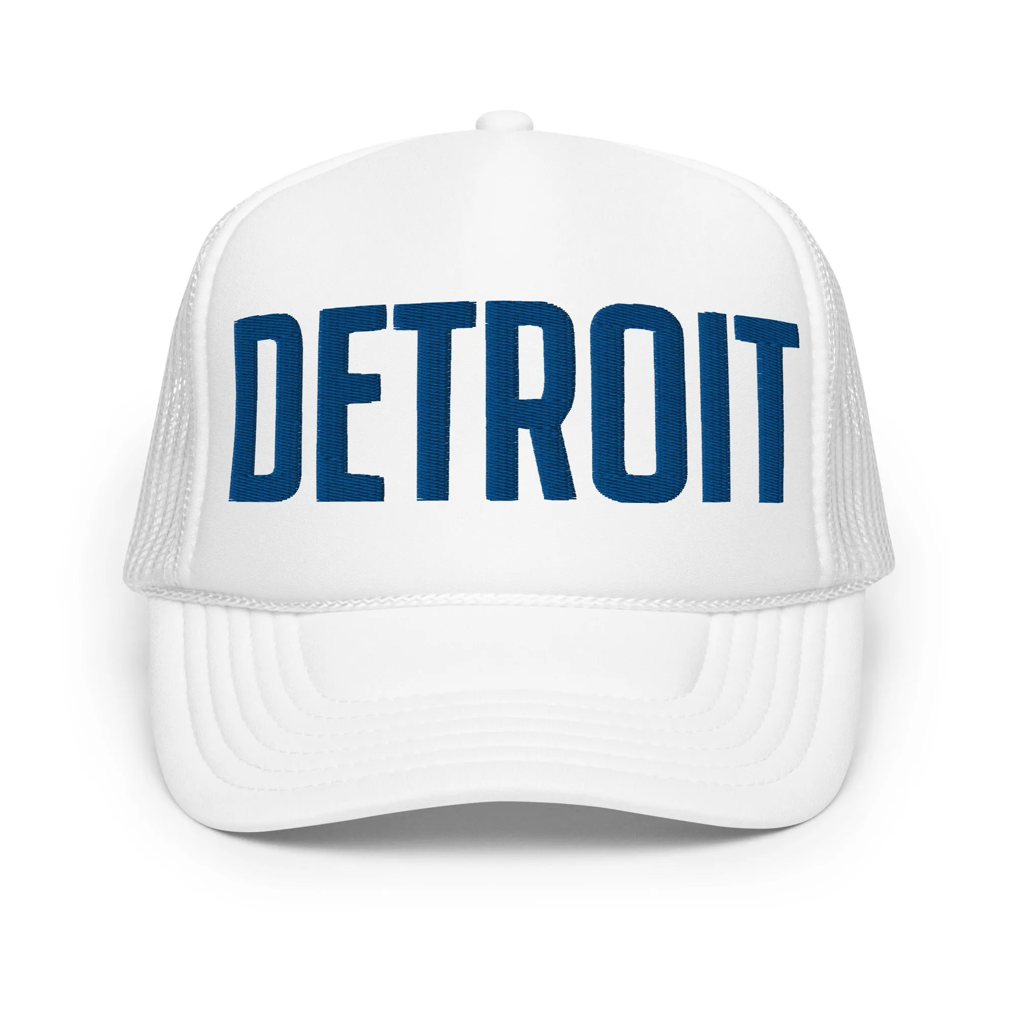 Detroit Foam Trucker Hat - White - Embroidered with Blue