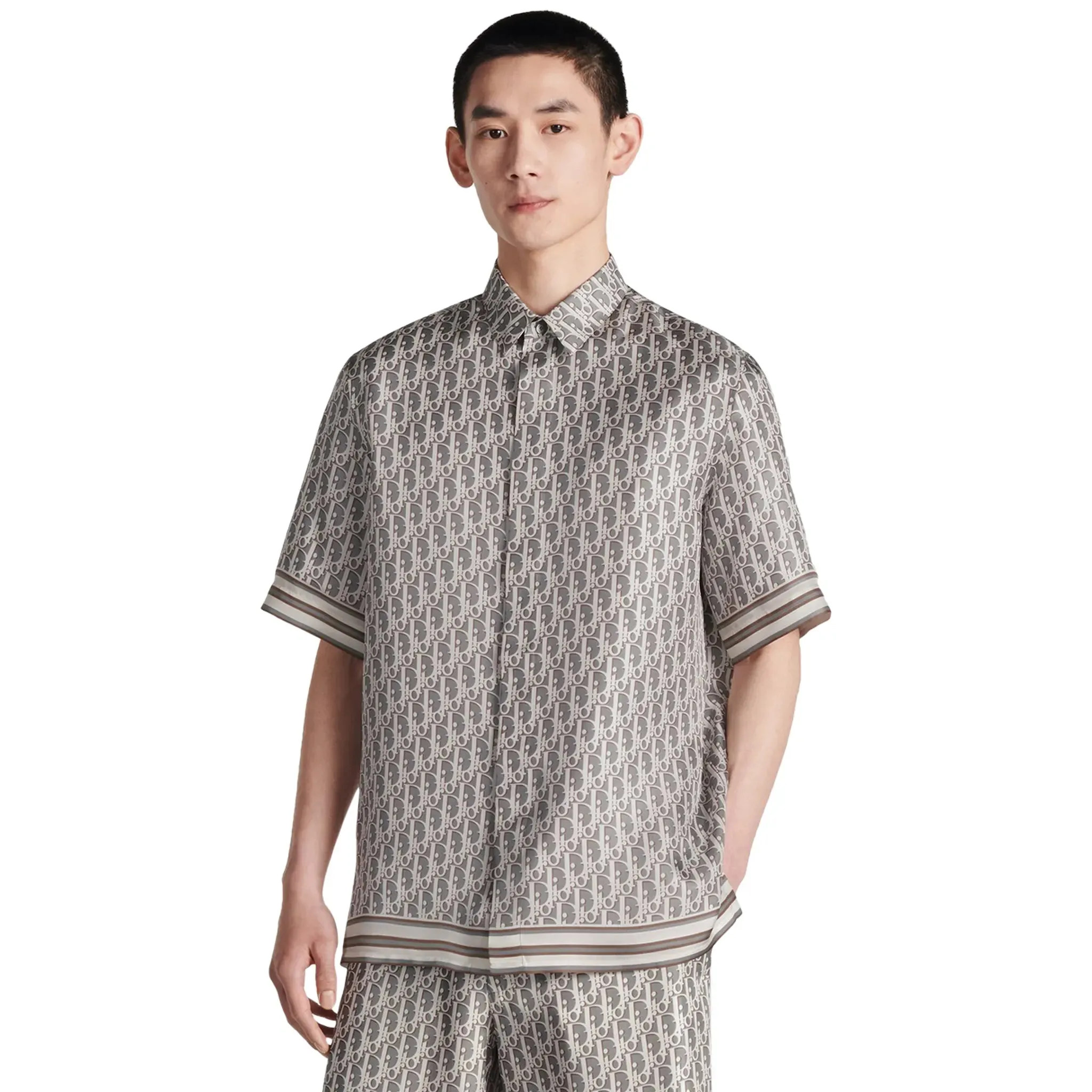 Dior Oblique Short Sleeved Grey Silk Twill Shirt