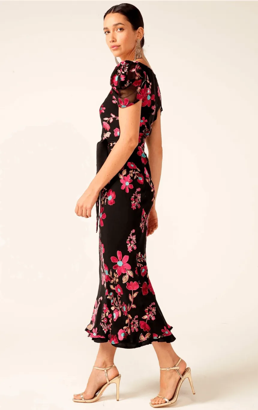 Duchess Bias Cut Dress Midi - Black Fuchsia