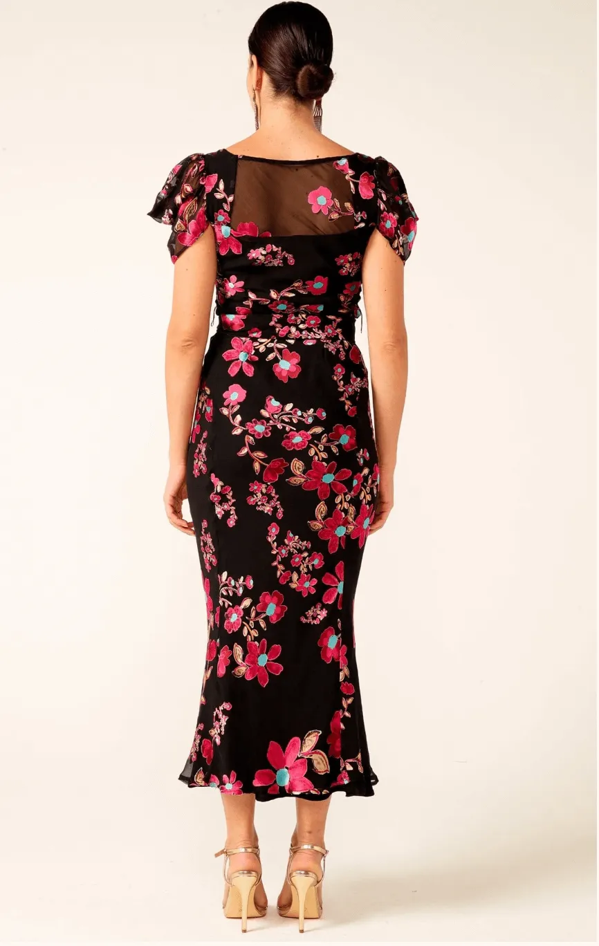 Duchess Bias Cut Dress Midi - Black Fuchsia