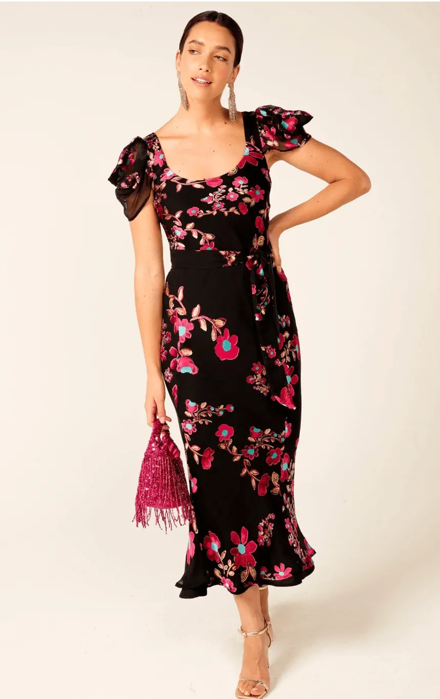 Duchess Bias Cut Dress Midi - Black Fuchsia