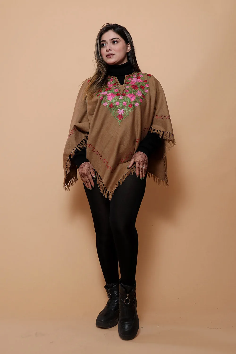 Earthy Brown Colour Ponchu With Elegant Kashmiri Embroidery.