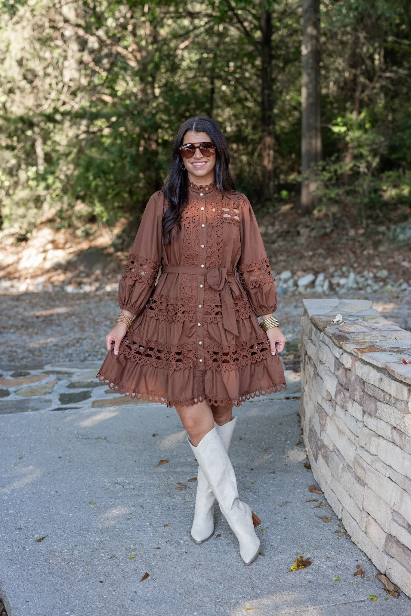 Embroidered Lace Brown Tiered Dress