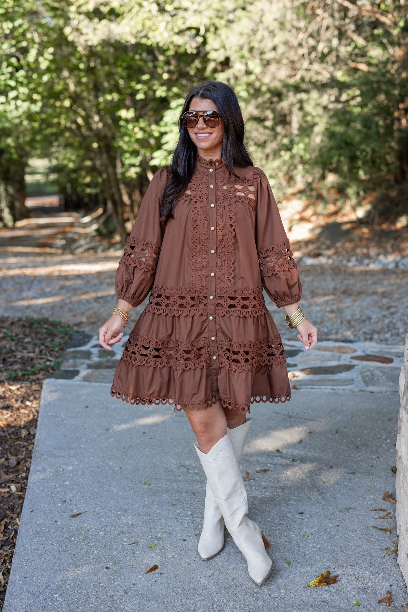 Embroidered Lace Brown Tiered Dress