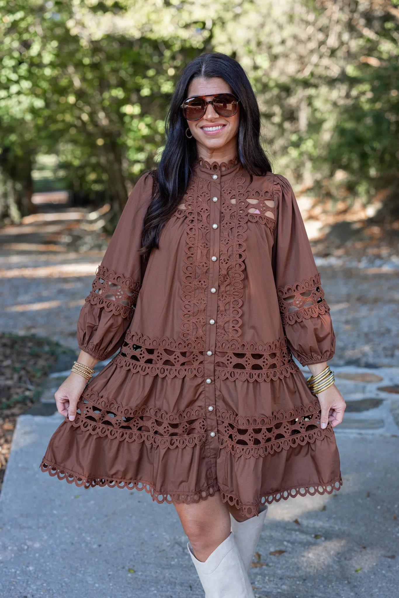 Embroidered Lace Brown Tiered Dress