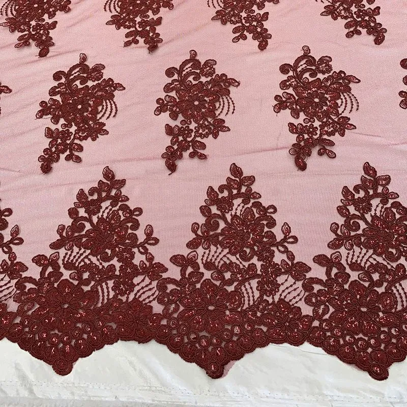 Embroidered Mesh lace Floral Design Fabric With Sequins By The Yard