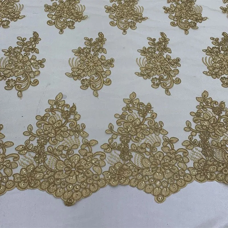 Embroidered Mesh lace Floral Design Fabric With Sequins By The Yard