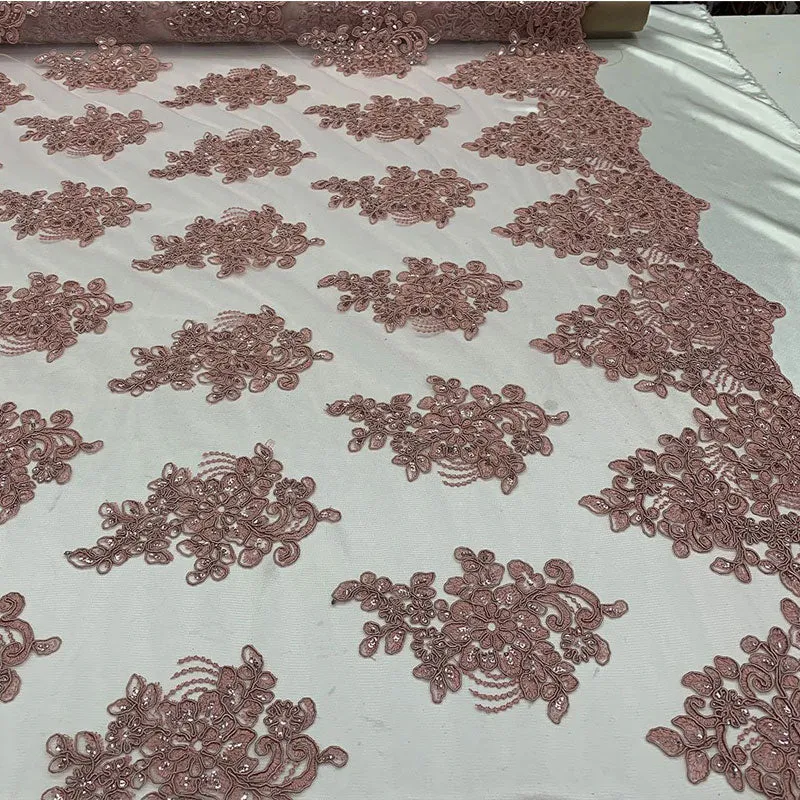 Embroidered Mesh lace Floral Design Fabric With Sequins By The Yard