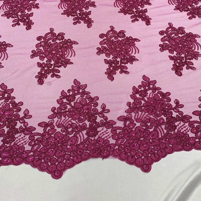 Embroidered Mesh lace Floral Design Fabric With Sequins By The Yard