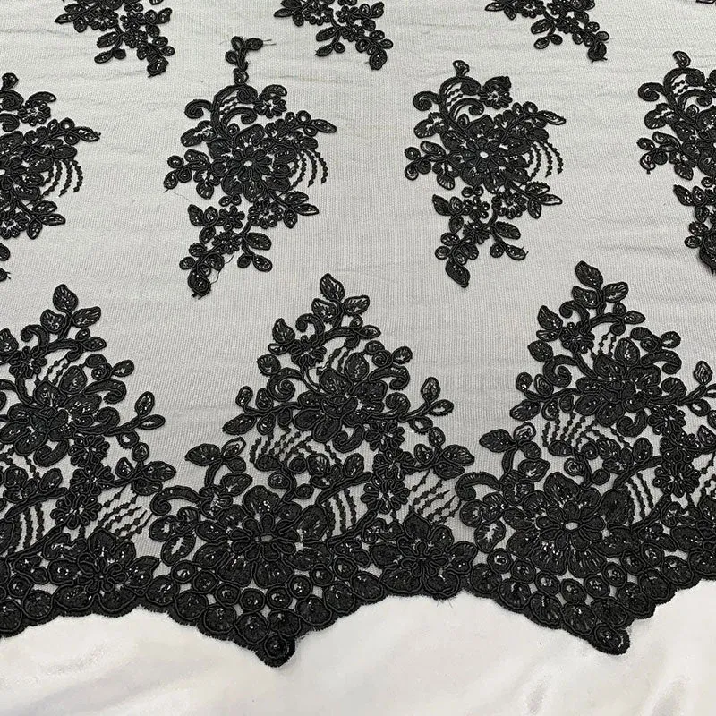 Embroidered Mesh lace Floral Design Fabric With Sequins By The Yard