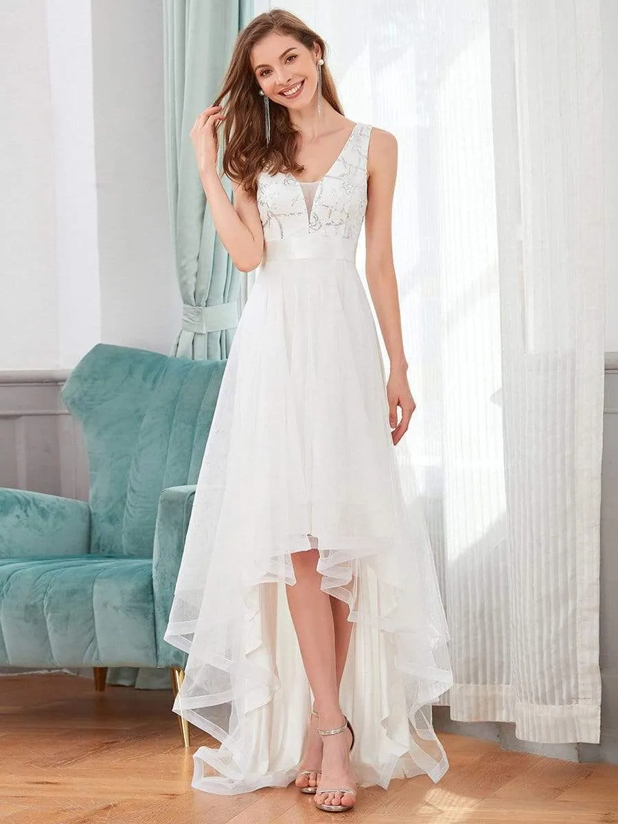 Fashion Sequin Appliques High-Low Tulle Elopement Dress for Wedding