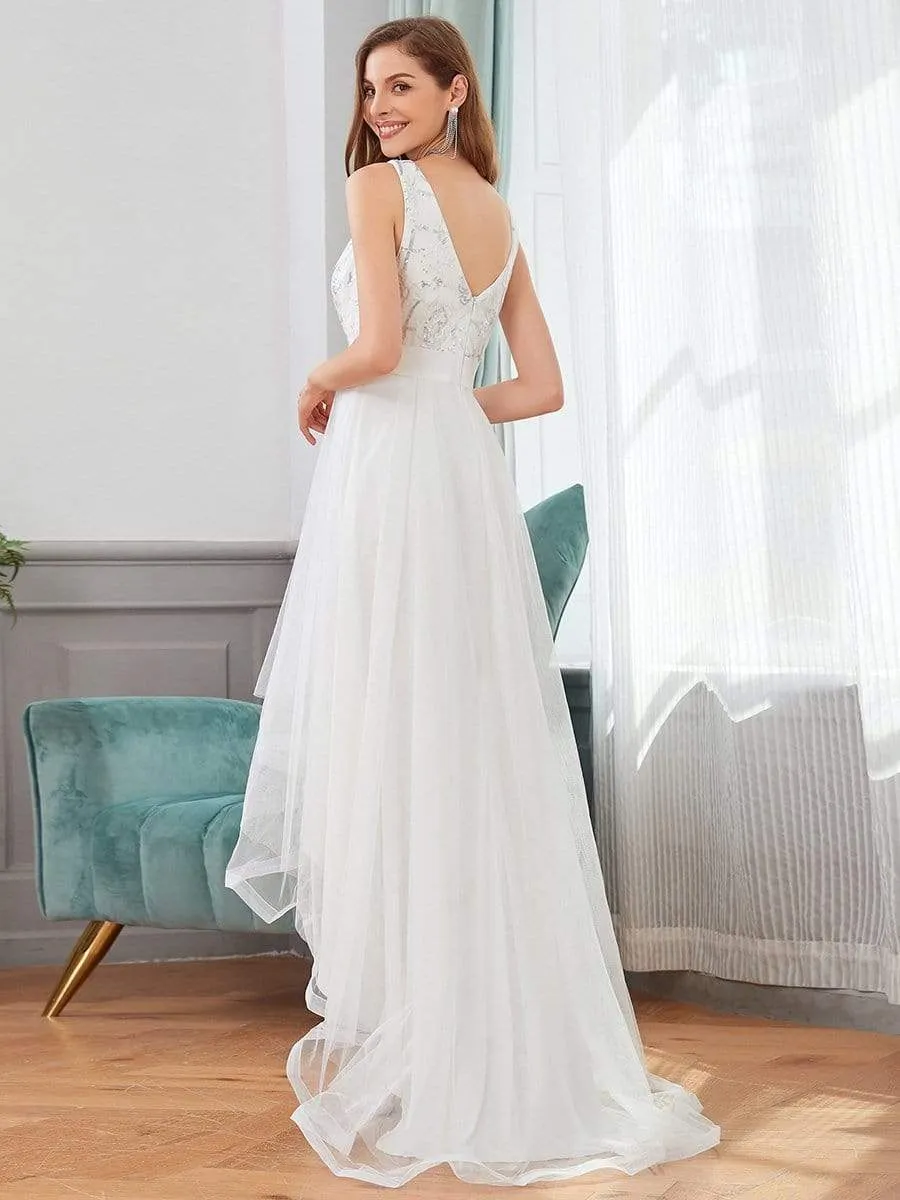 Fashion Sequin Appliques High-Low Tulle Elopement Dress for Wedding