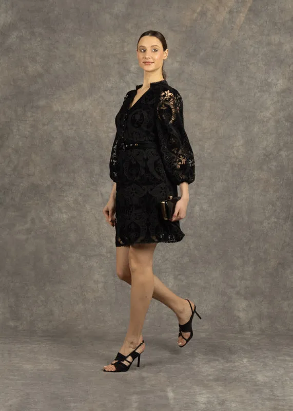 Fee G Serena Black Lace Sleeve Belted Mini Dress