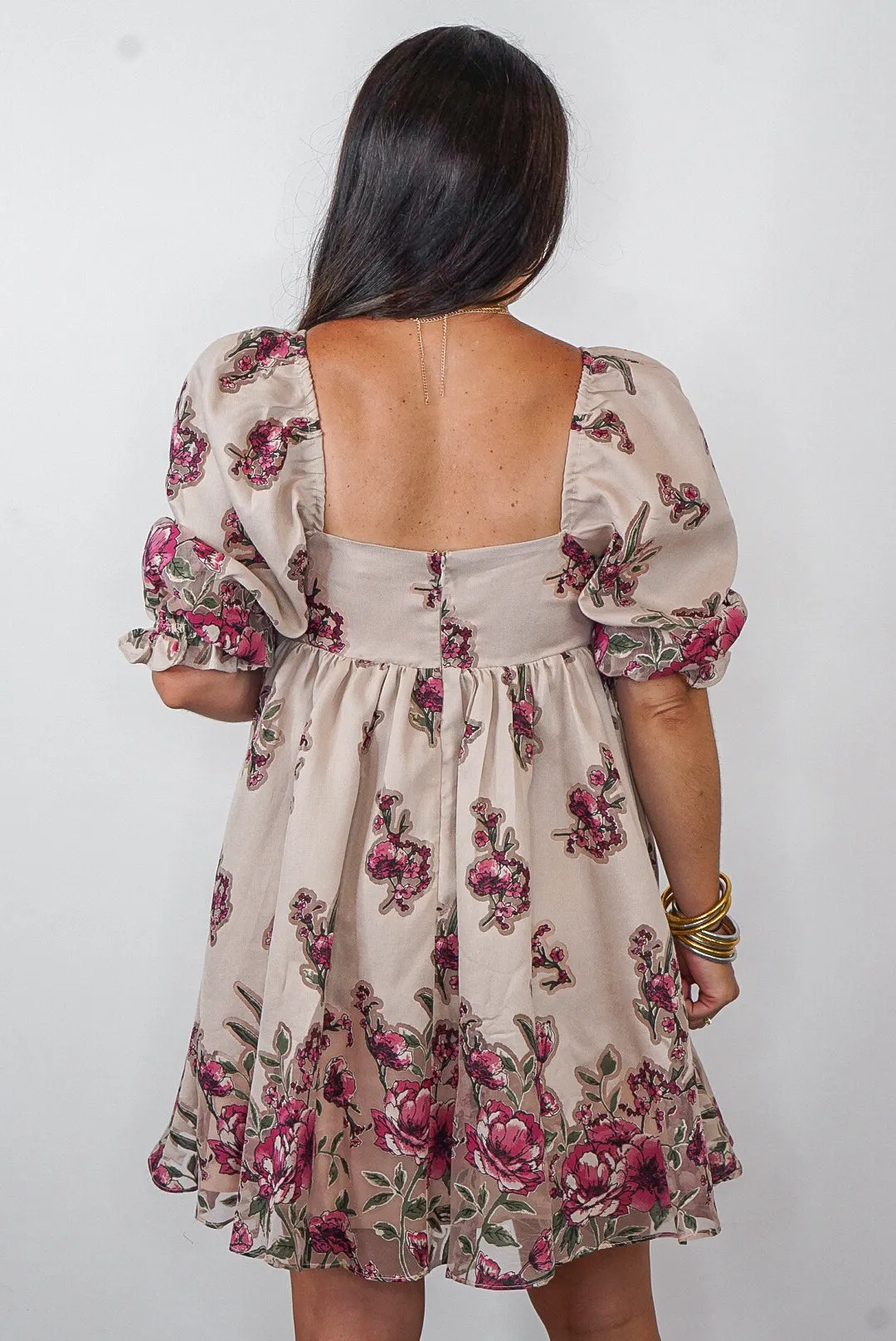 Floral Bouquet Beige Babydoll Dress