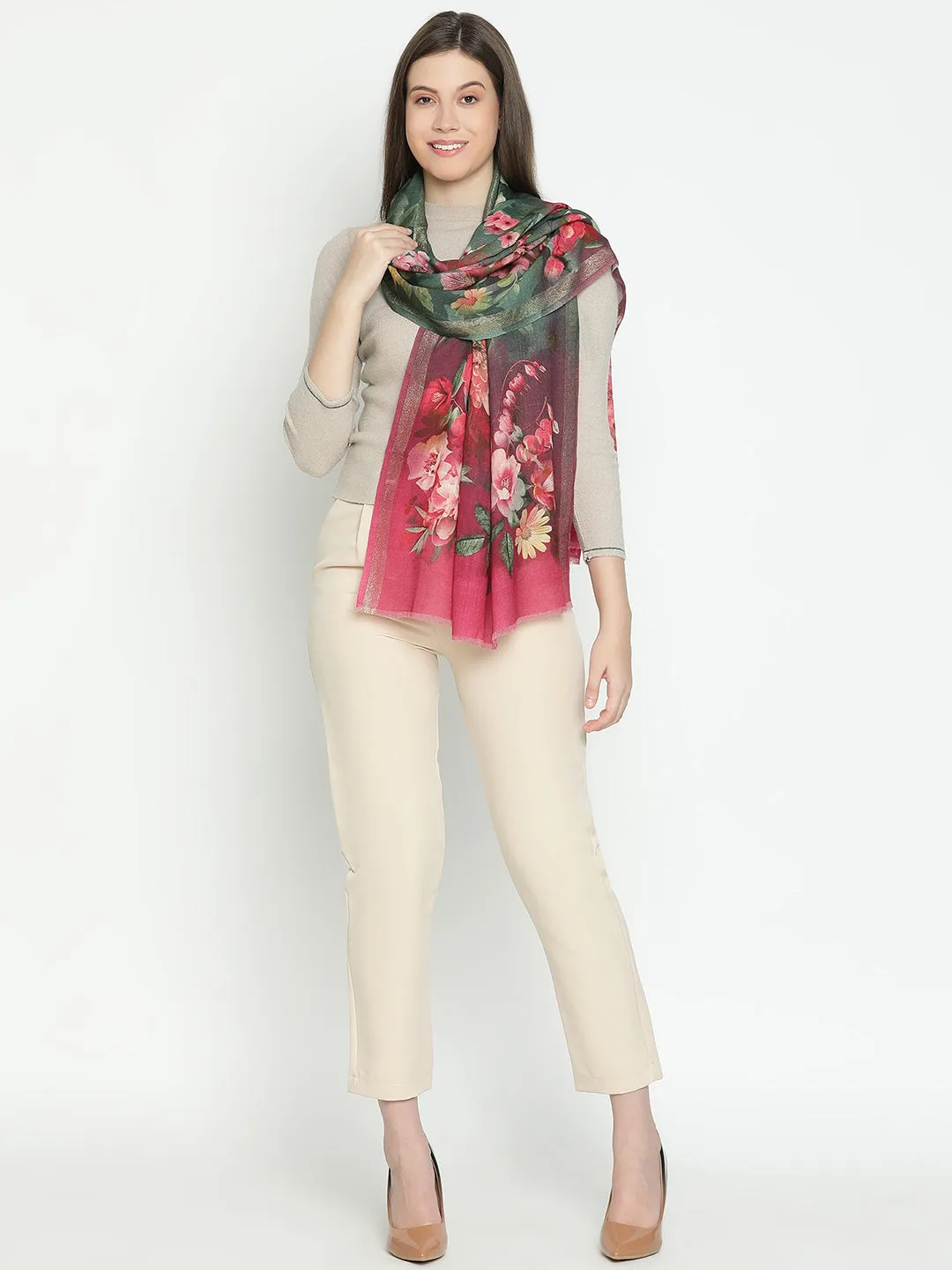 Floral Design Wool Lurex Printed Stole