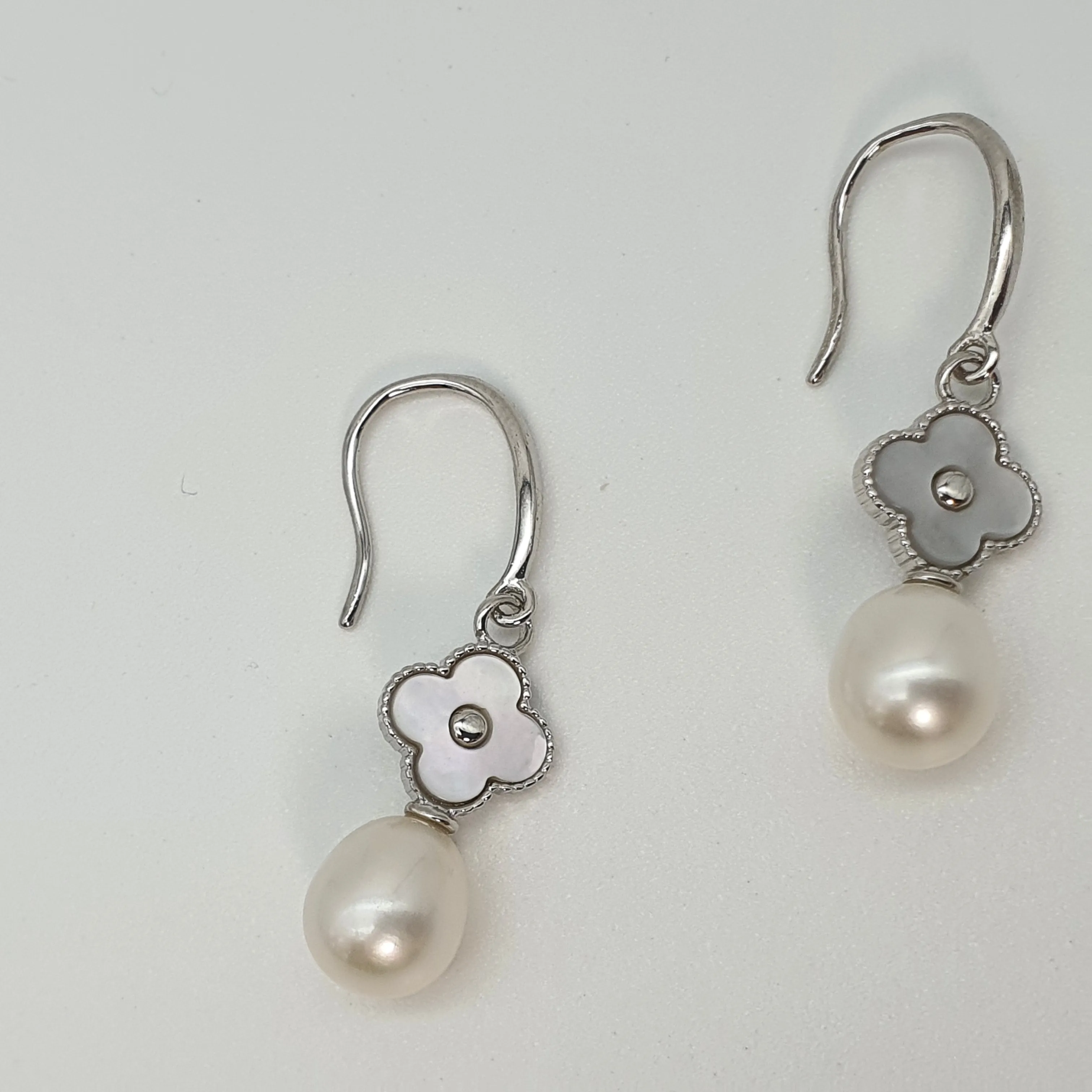 Floral Mother of Pearl & Freshwater Pearl Earrings, Sterling Silver