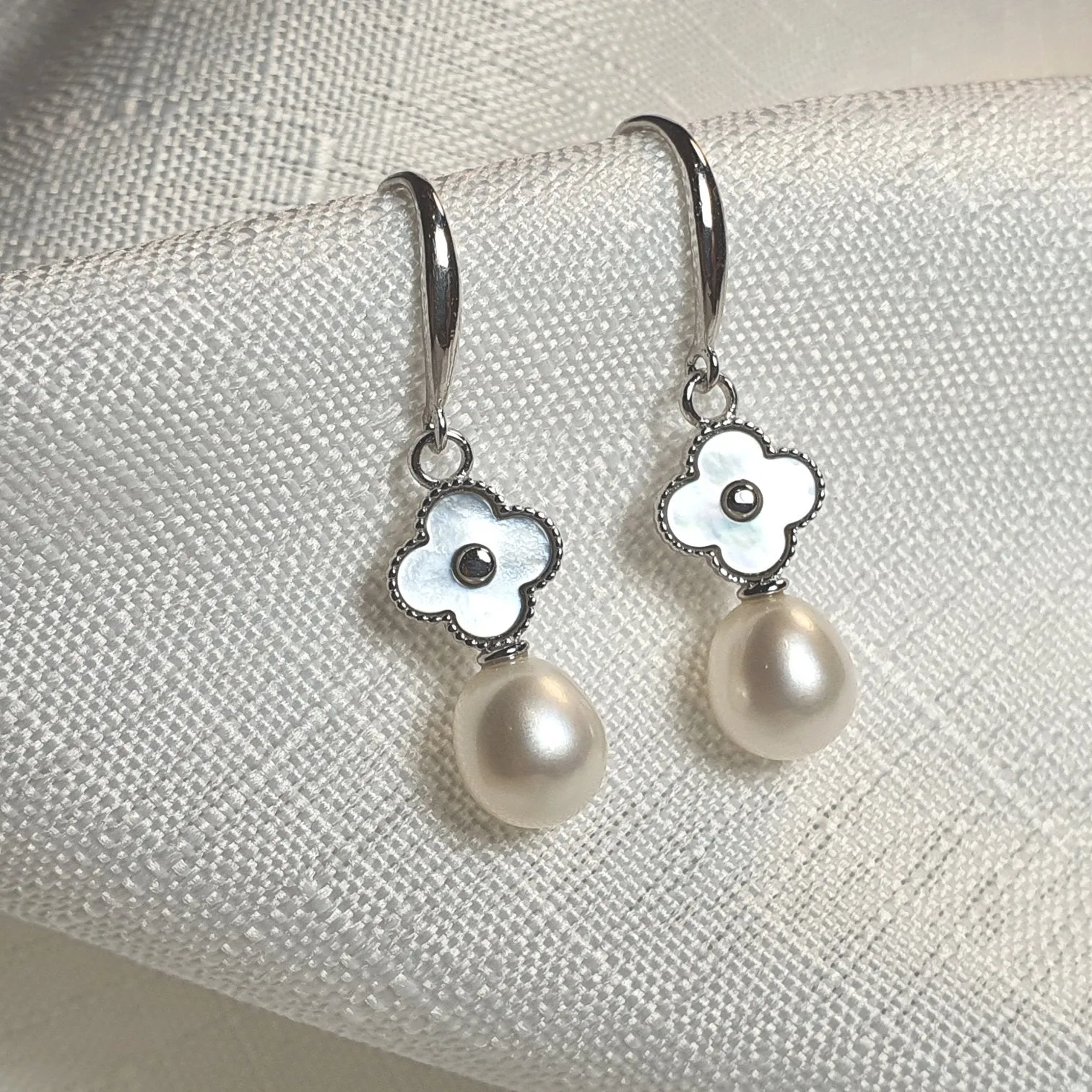 Floral Mother of Pearl & Freshwater Pearl Earrings, Sterling Silver