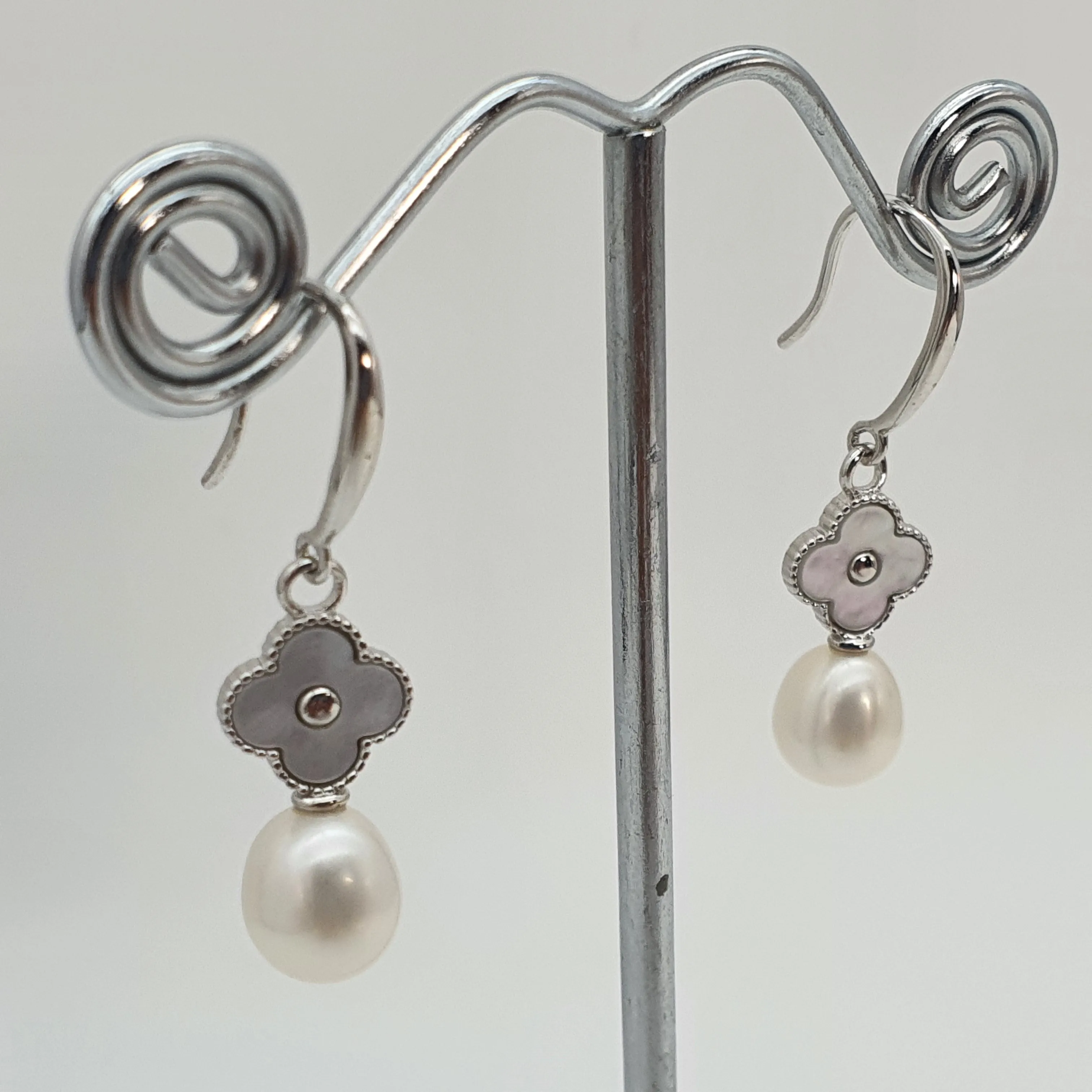 Floral Mother of Pearl & Freshwater Pearl Earrings, Sterling Silver