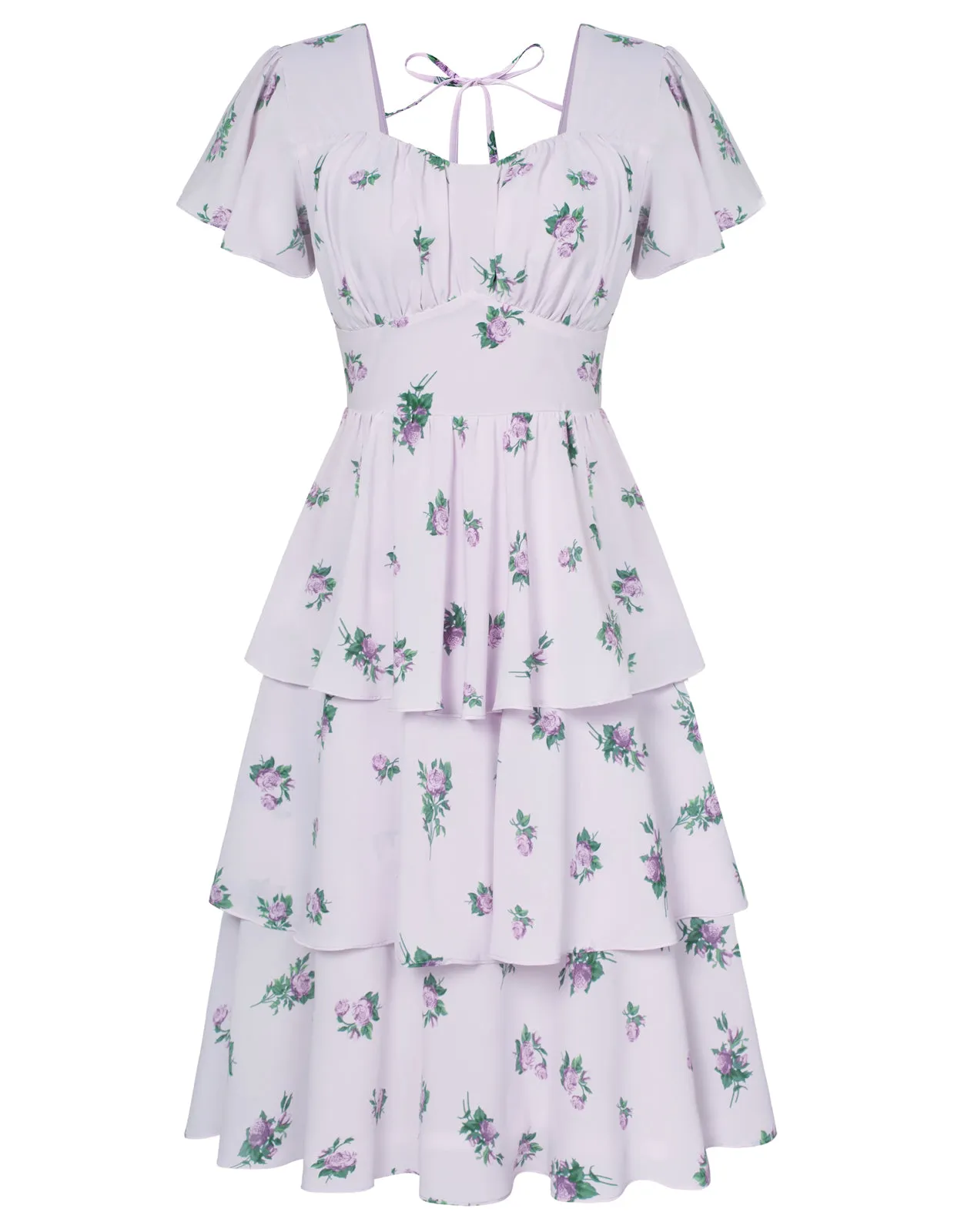 Floral Print Square Neck Tiered Ruffle Dress 2023 Summer Vintage A-line Swing Midi Dress