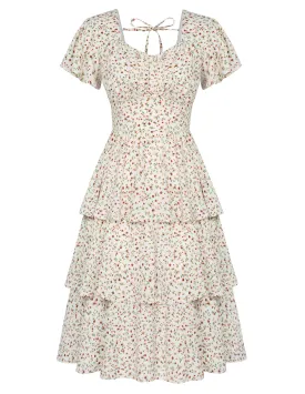 Floral Print Square Neck Tiered Ruffle Dress 2023 Summer Vintage A-line Swing Midi Dress