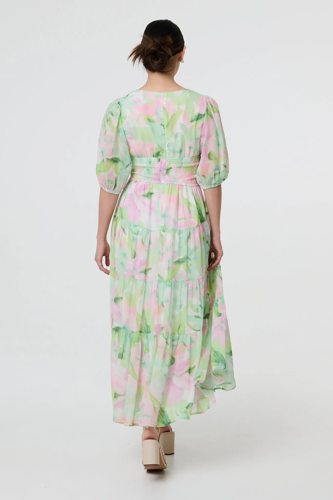 Floral Puff Sleeve Tiered Maxi Gown