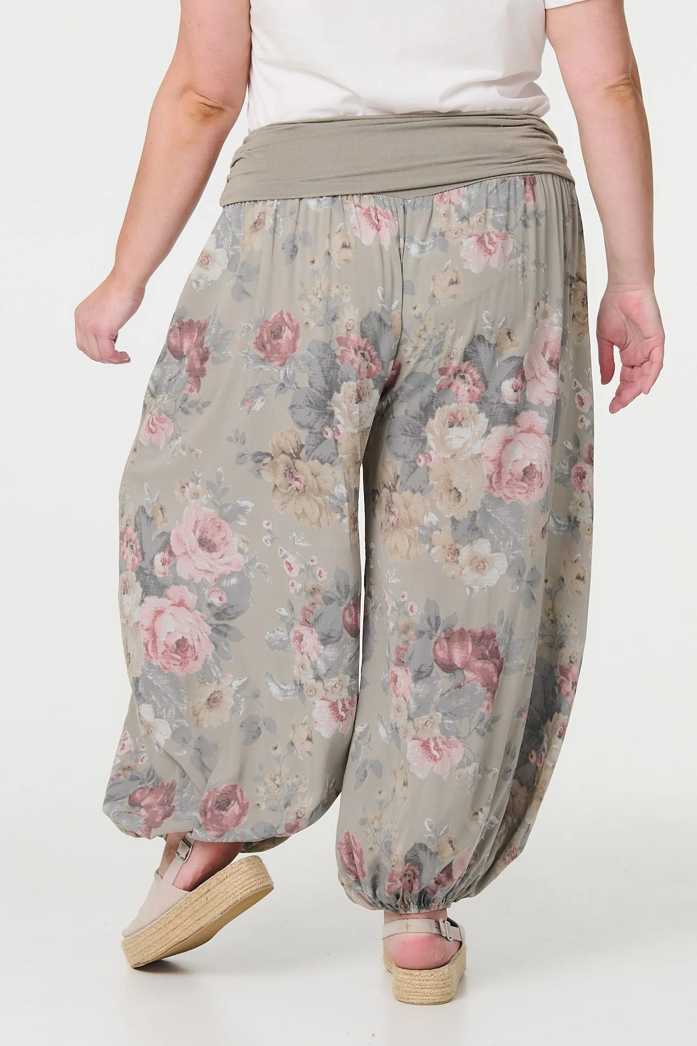 Floral Ruched Waist Harem Trousers