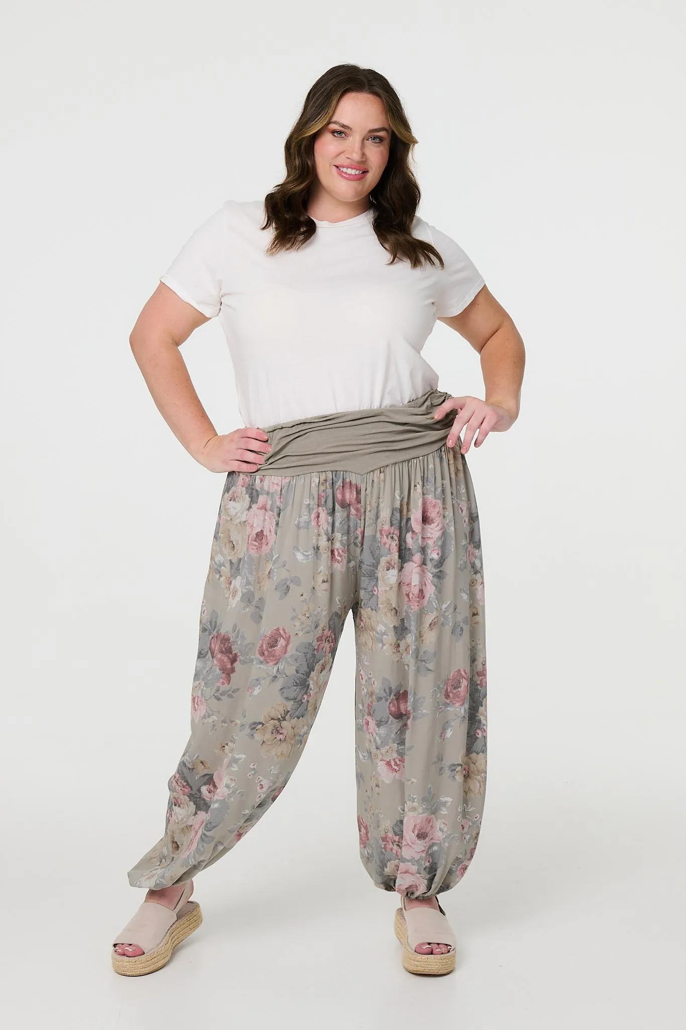 Floral Ruched Waist Harem Trousers