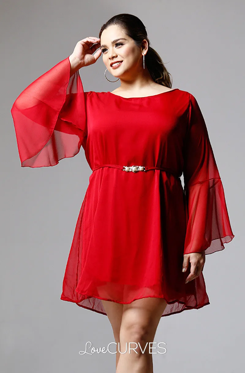 Flounce Sleeves Chiffon Short Dress-Carmine - PSY