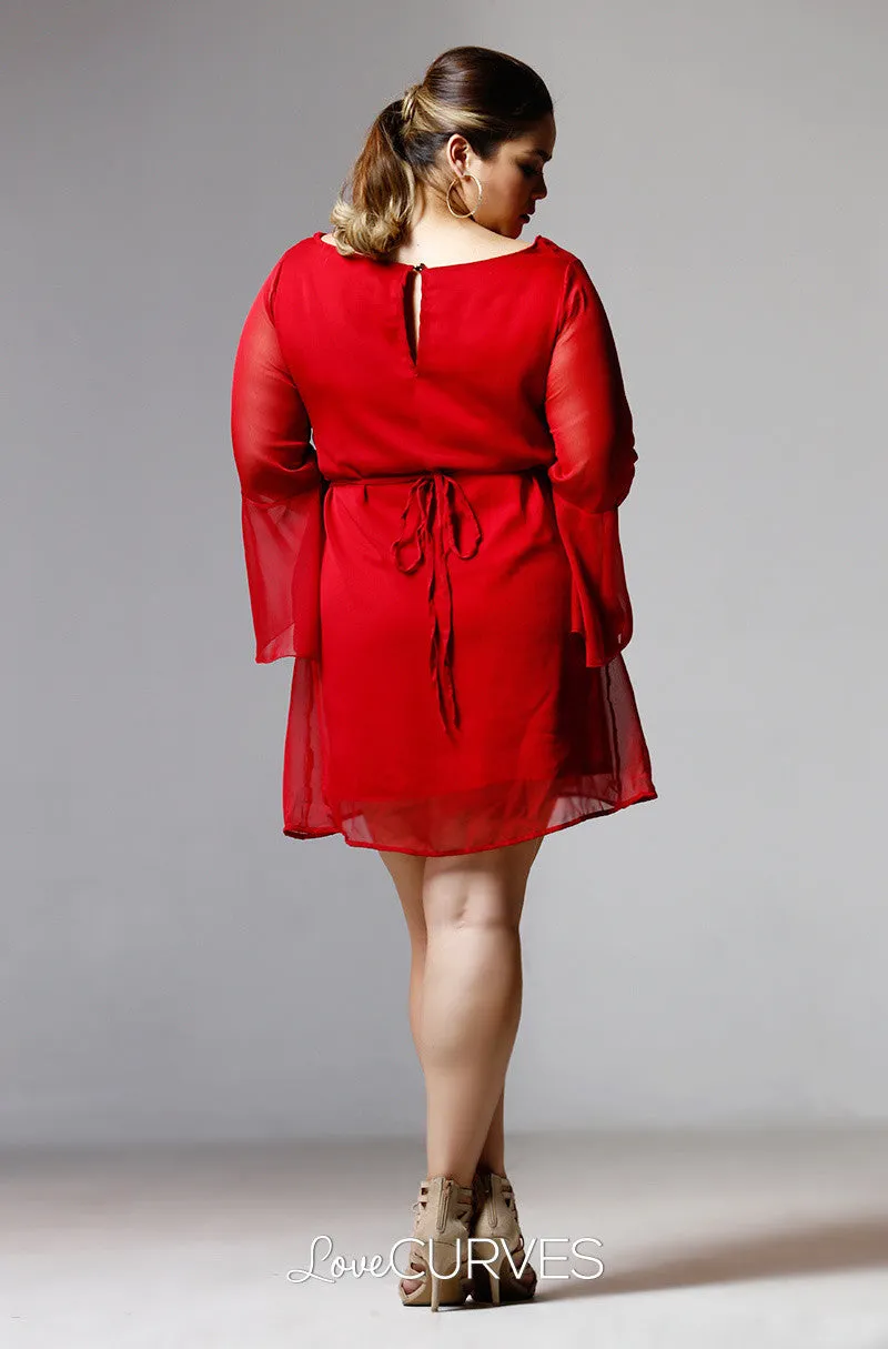 Flounce Sleeves Chiffon Short Dress-Carmine - PSY