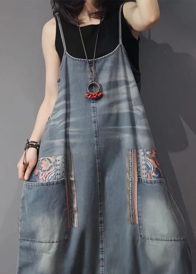 French Blue Pockets High Waist Denim Jumpsuit Sleeveless MN088