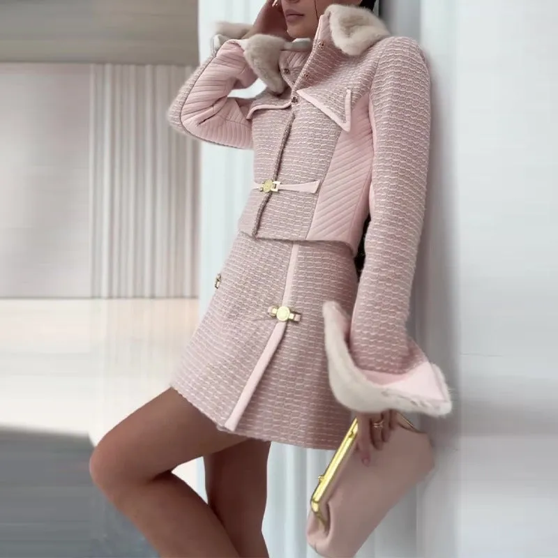 French style stitching short pink suit