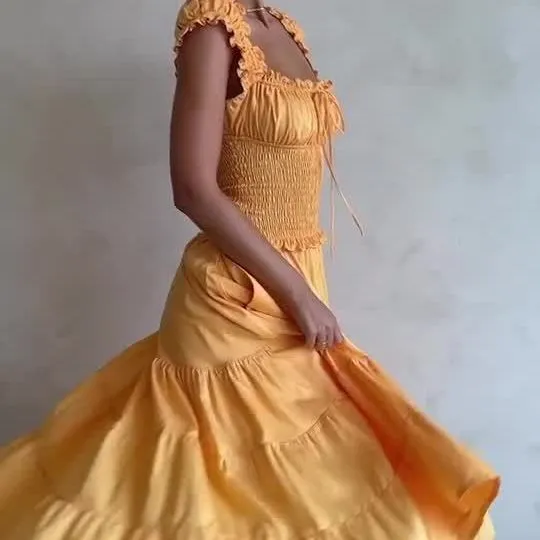 French yellow pleated U-neck dress