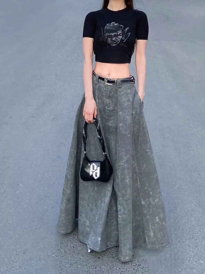 Girlary American Retro High Waist A-line Long Skirt for Women Summer New Tie-dye Long Faldas Simple Loose Casual Y2k Skirt Women